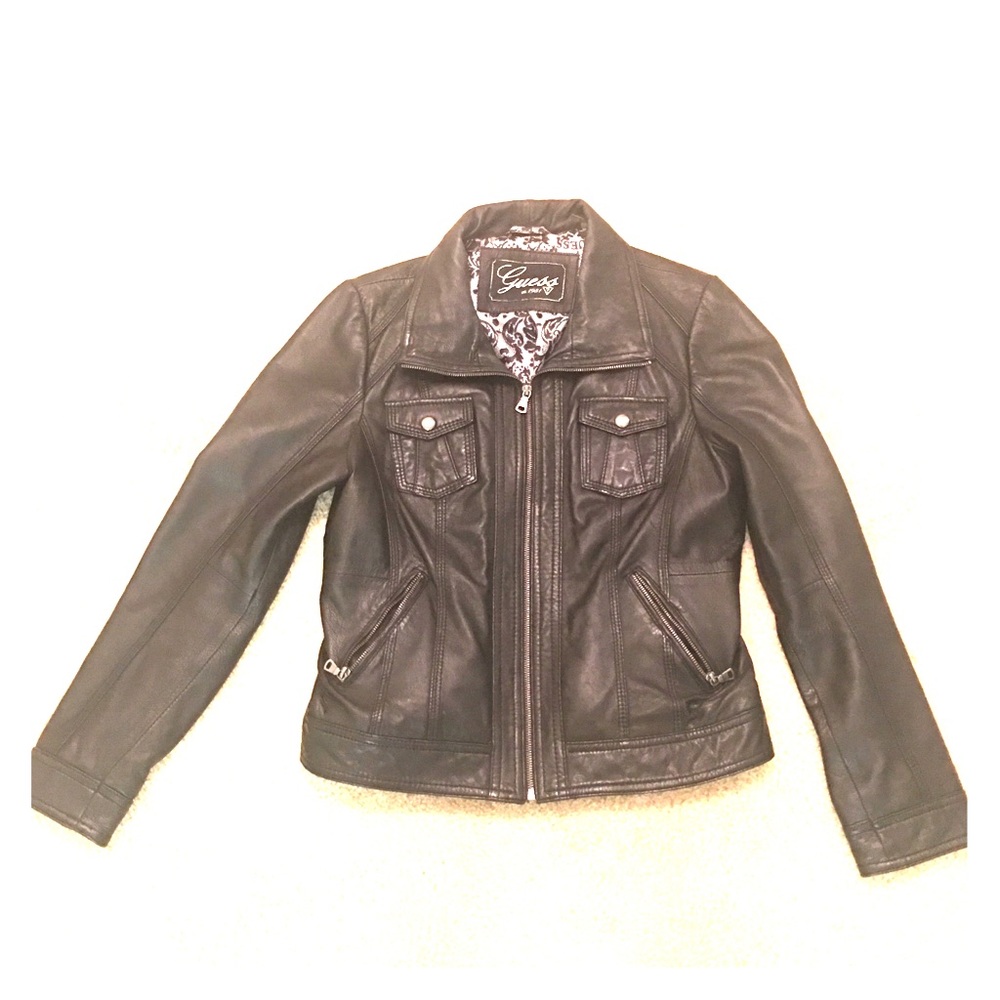 Real Black Leather Guess Jacket. Size Medium.